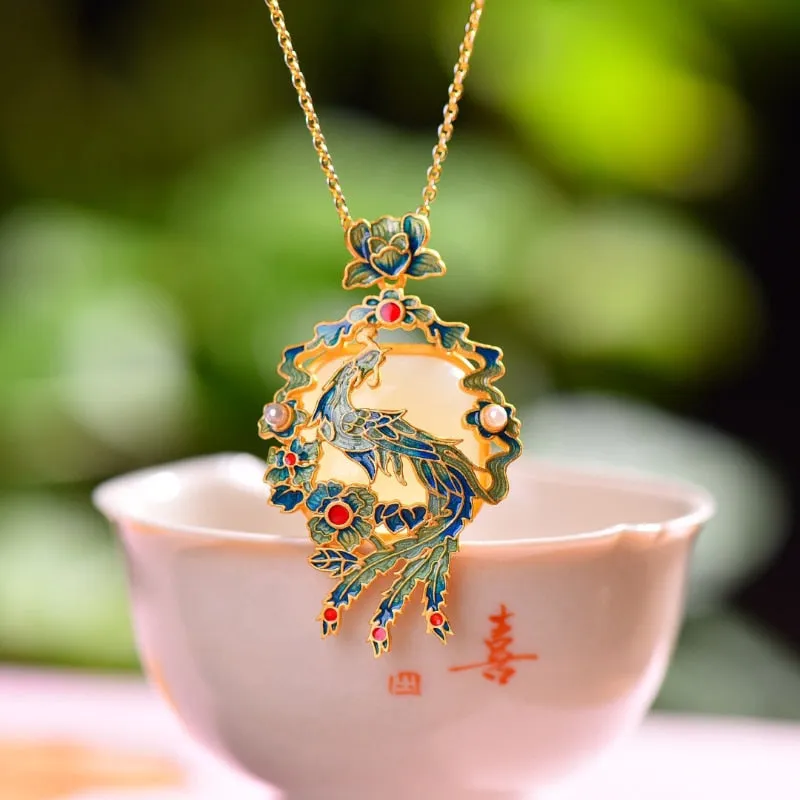 Natural Hetian jade phoenixs Laiyi enamel porcelain necklace pendant