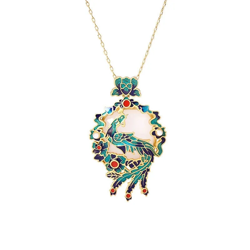 Natural Hetian jade phoenixs Laiyi enamel porcelain necklace pendant
