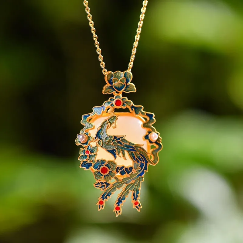 Natural Hetian jade phoenixs Laiyi enamel porcelain necklace pendant