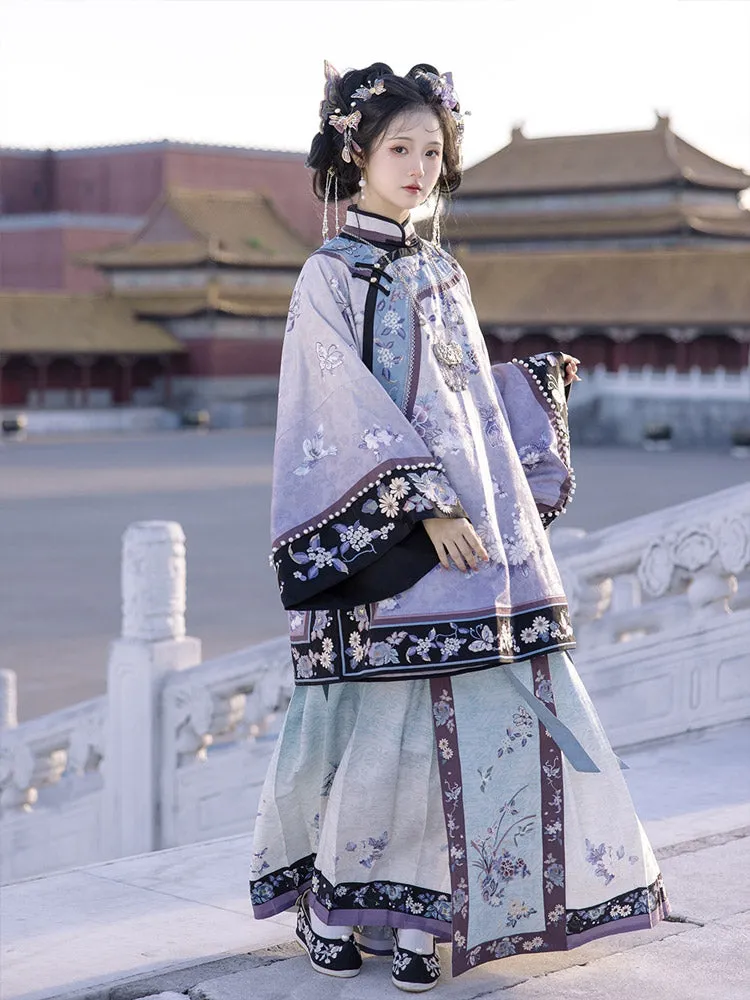 New Chinese Style Purple Cross-collared Suit with Butterfly and Flower Embroidery Qing Dynasty Women's Suit