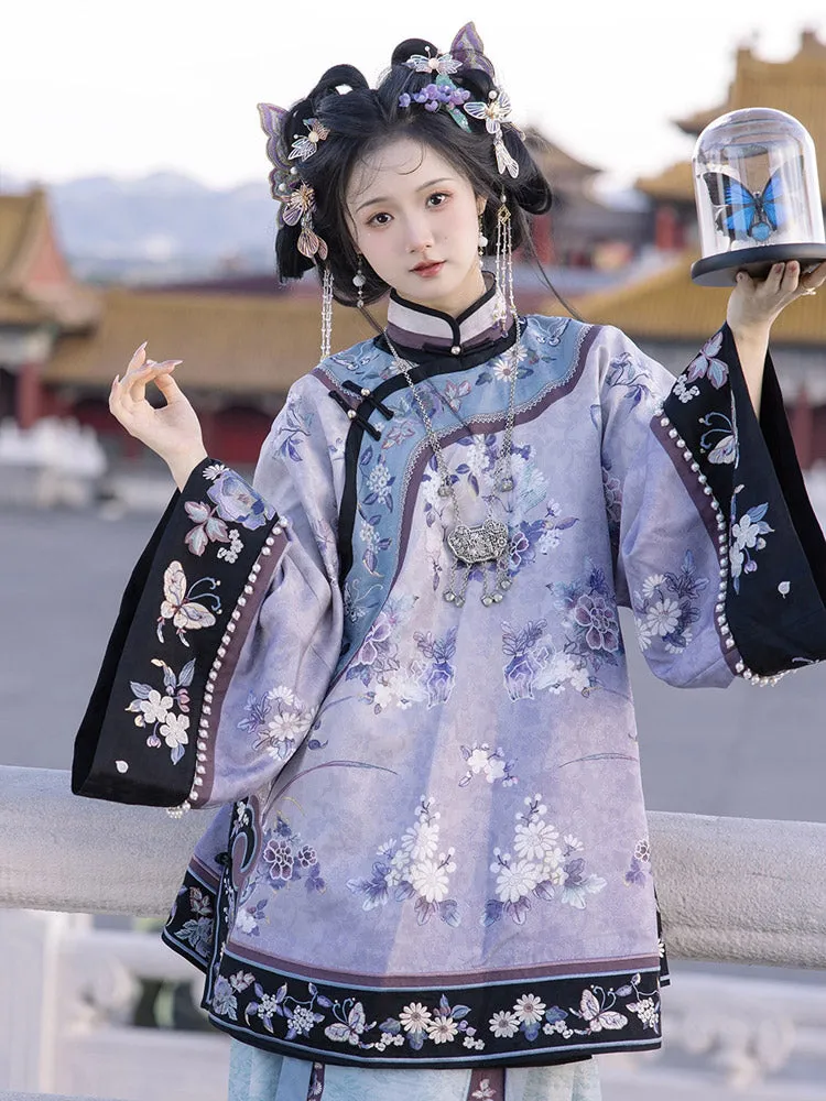 New Chinese Style Purple Cross-collared Suit with Butterfly and Flower Embroidery Qing Dynasty Women's Suit