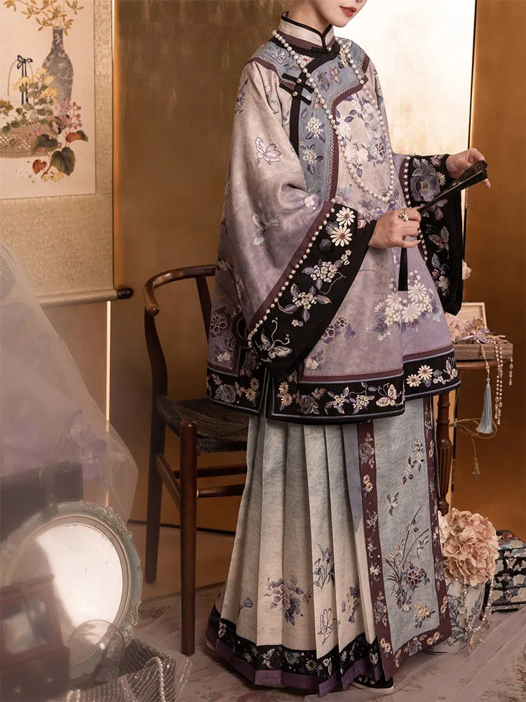 New Chinese Style Purple Cross-collared Suit with Butterfly and Flower Embroidery Qing Dynasty Women's Suit