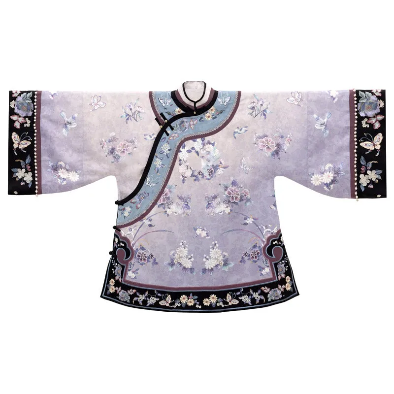 New Chinese Style Purple Cross-collared Suit with Butterfly and Flower Embroidery Qing Dynasty Women's Suit