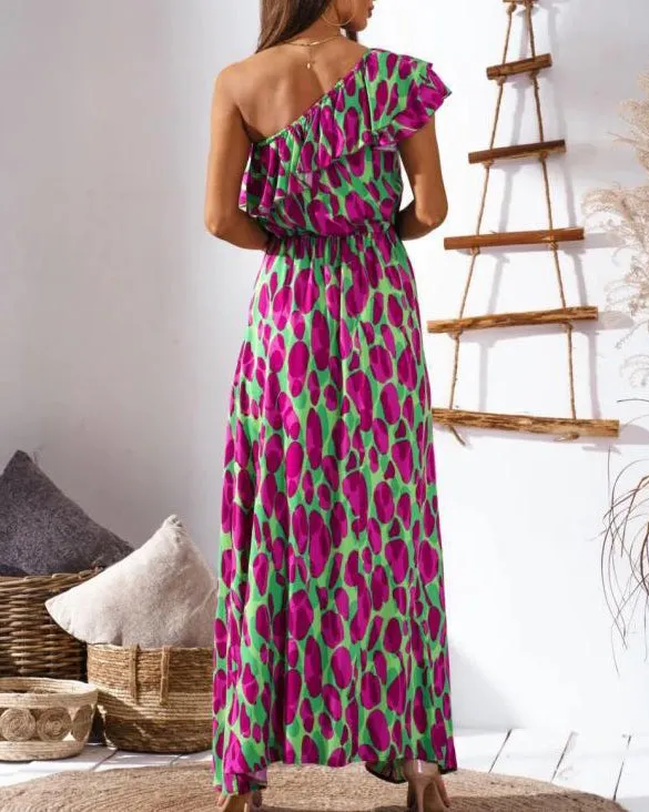Nipped Waist Sexy Off The Shoulder Printed Long Dress