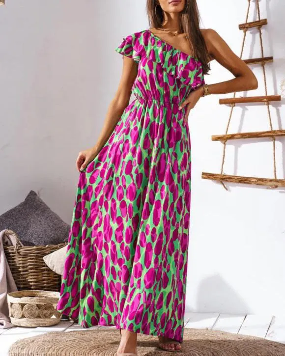 Nipped Waist Sexy Off The Shoulder Printed Long Dress