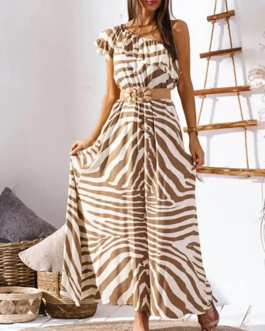 Nipped Waist Sexy Off The Shoulder Printed Long Dress