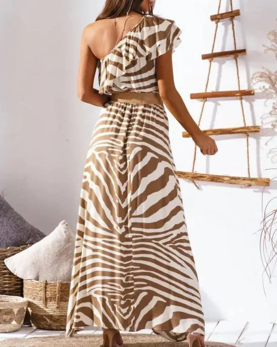 Nipped Waist Sexy Off The Shoulder Printed Long Dress