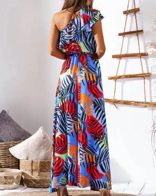 Nipped Waist Sexy Off The Shoulder Printed Long Dress