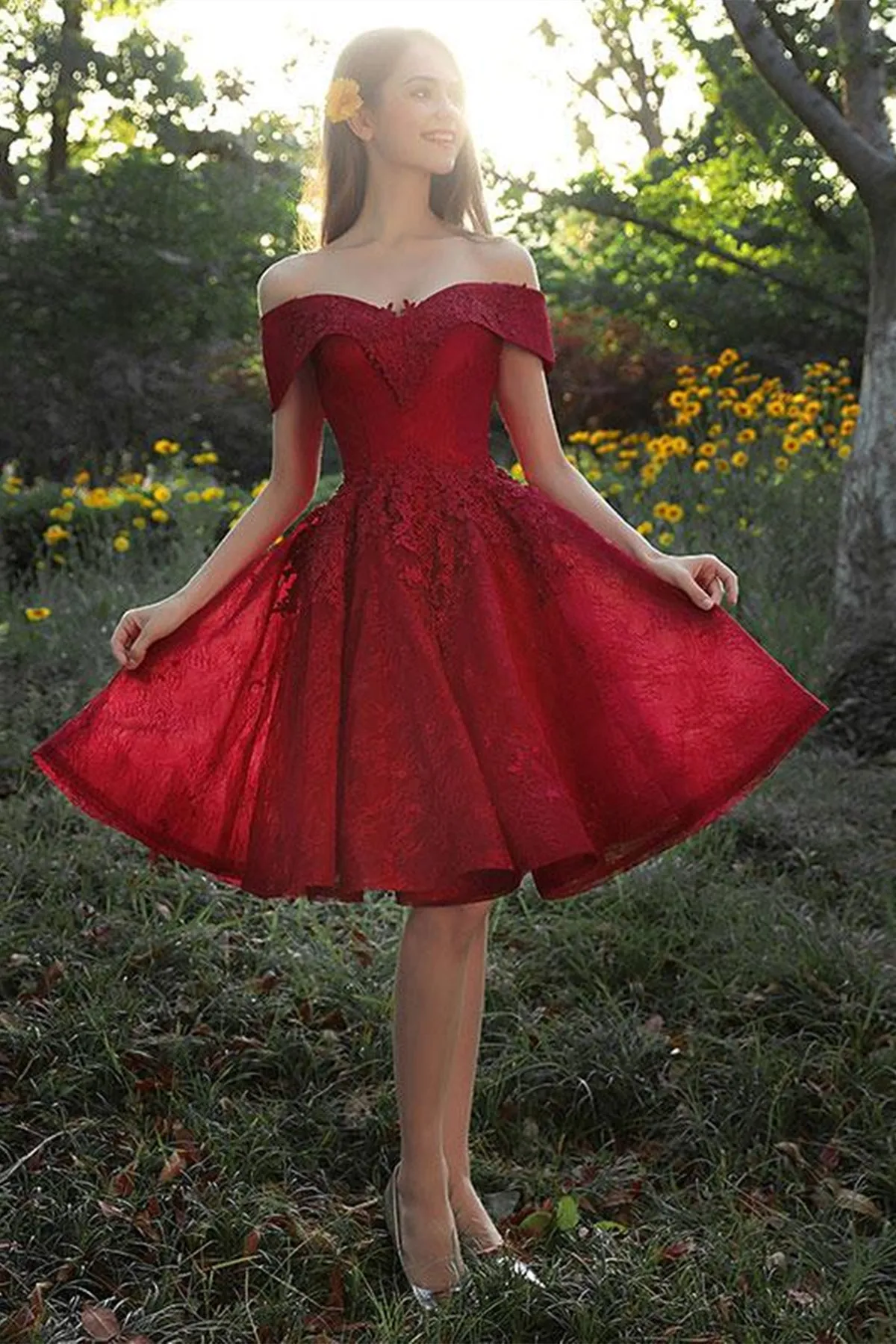 Off Shoulder Burgundy Lace Prom Dress, Off the Shoulder Burgundy Homecoming Dress, Burgundy Lace Formal Evening Dress A1628