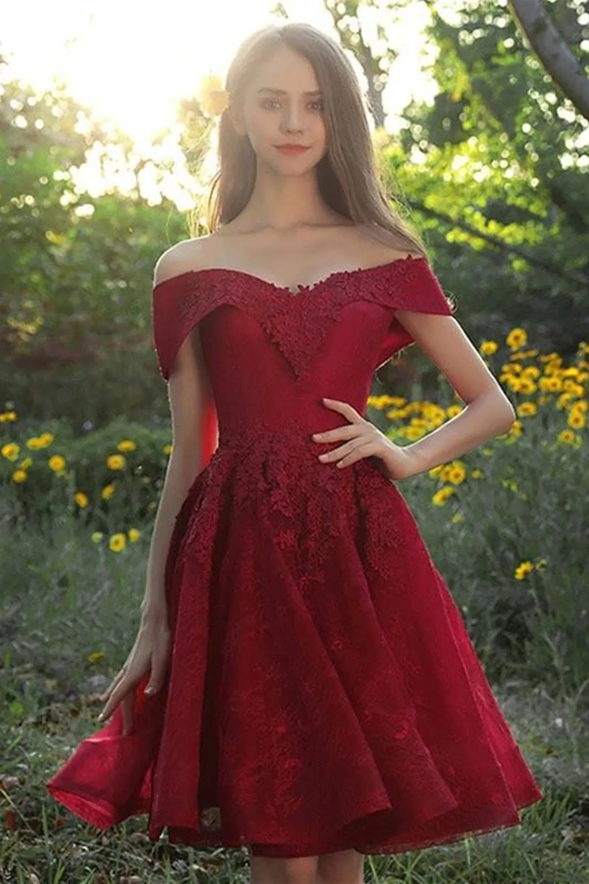 Off Shoulder Burgundy Lace Prom Dress, Off the Shoulder Burgundy Homecoming Dress, Burgundy Lace Formal Evening Dress A1628