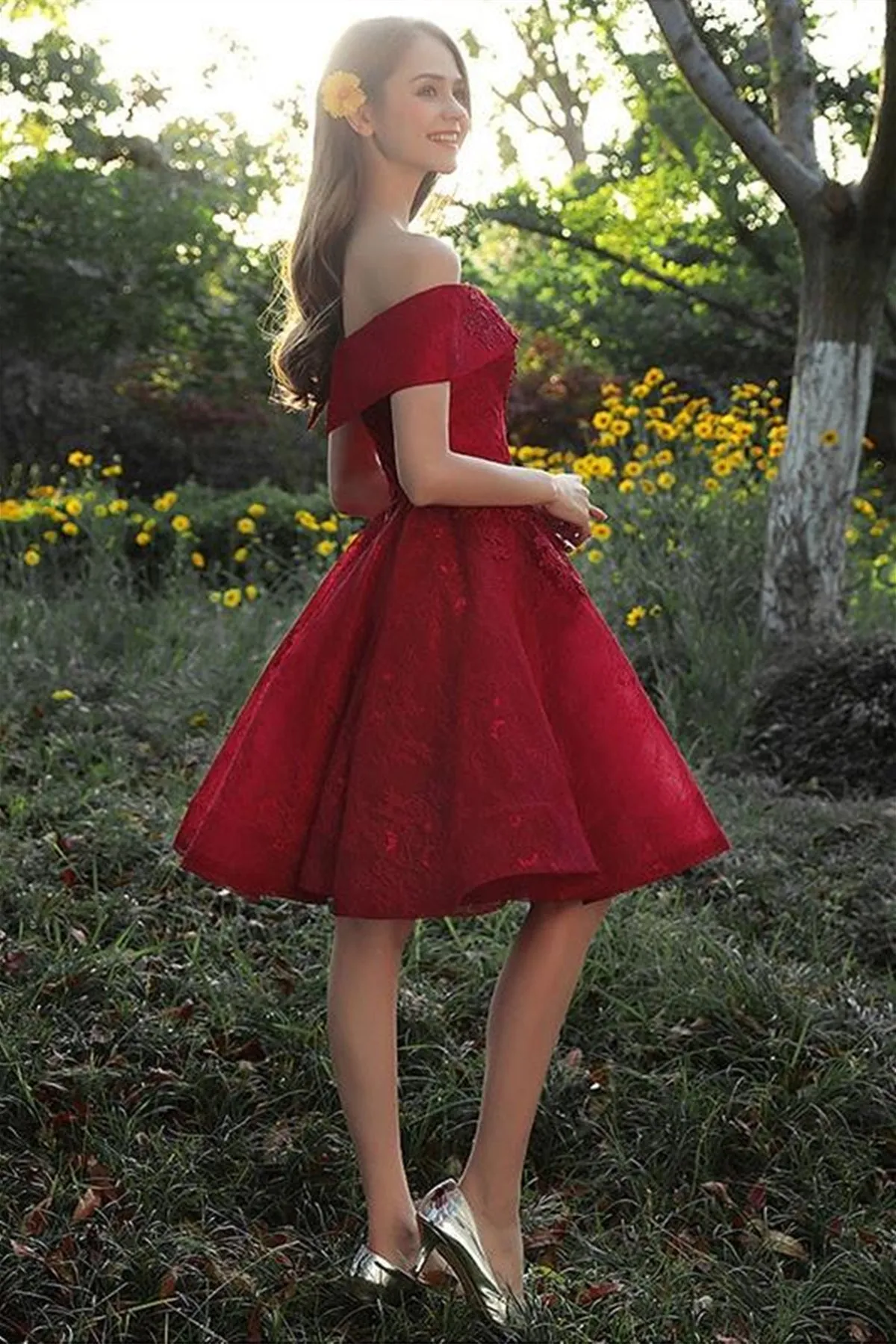 Off Shoulder Burgundy Lace Prom Dress, Off the Shoulder Burgundy Homecoming Dress, Burgundy Lace Formal Evening Dress A1628