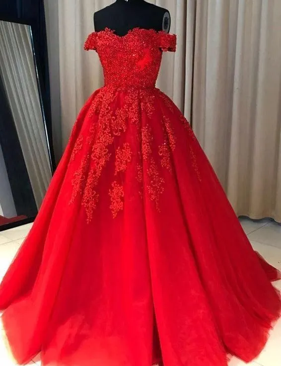 Off Shoulder Lace A Line Long Custom Evening Prom Dresses