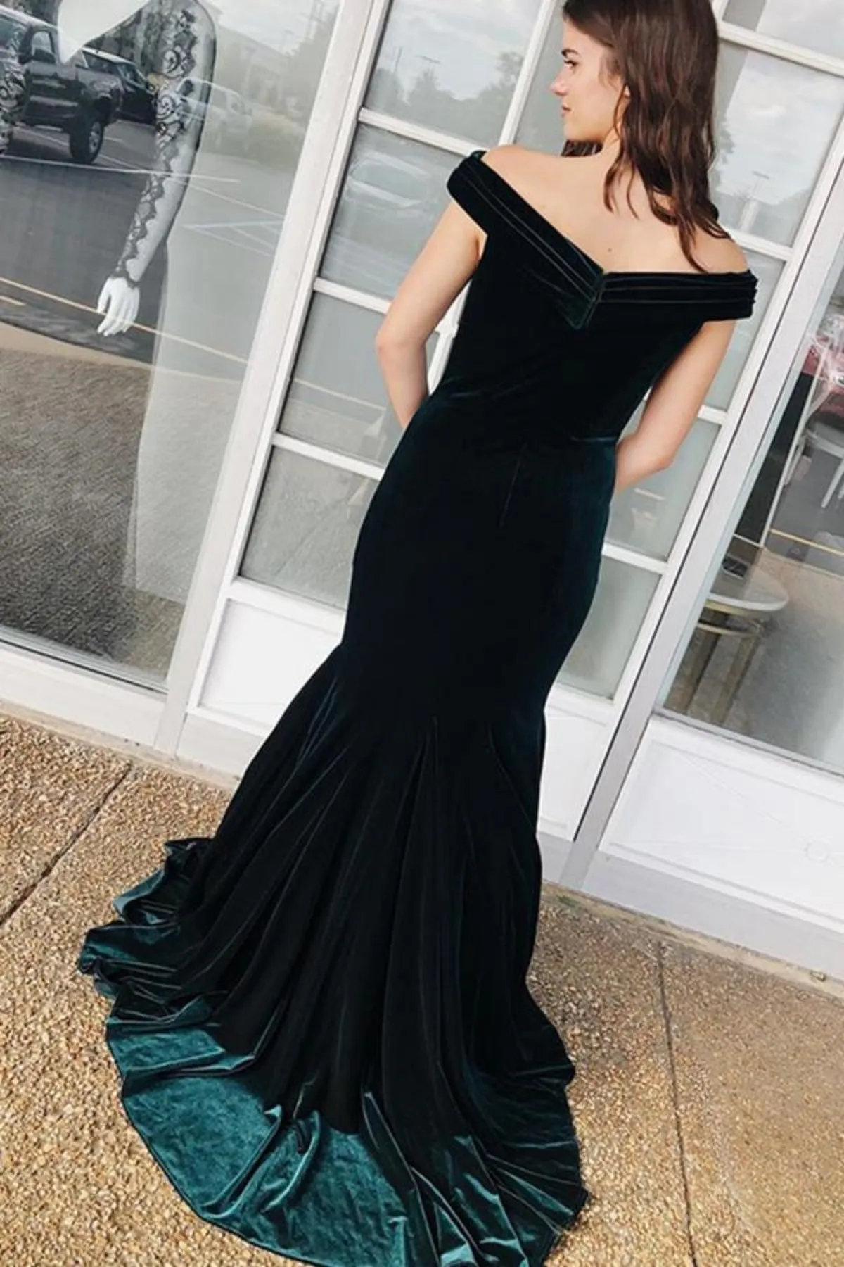 Off the Shoulder Mermaid Dark Green Velvet Long Prom Dress, Off Shoulder Green Formal Dress, Dark Green Evening Dress A2234