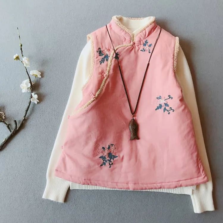 Padded Qipao Vest with Flower Embroidery