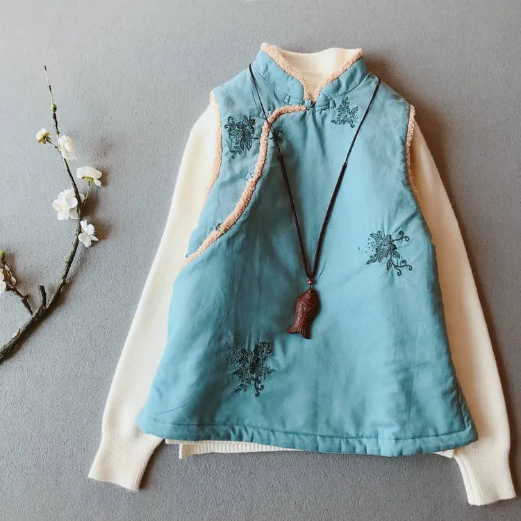 Padded Qipao Vest with Flower Embroidery