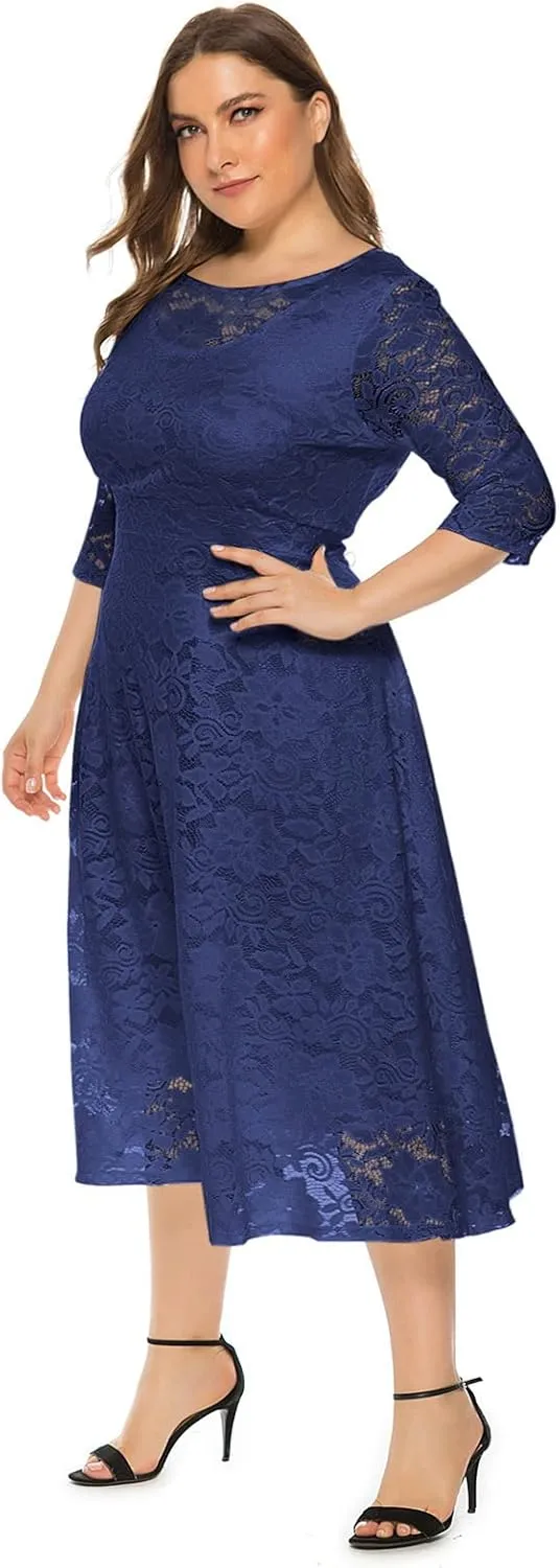 Plus Size Women Vintage Lace 3/4 Sleeve Midi Swing Evening Party Cocktail Wedding Bridesmaid Dresses