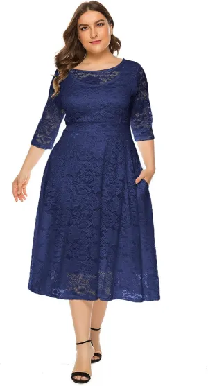 Plus Size Women Vintage Lace 3/4 Sleeve Midi Swing Evening Party Cocktail Wedding Bridesmaid Dresses