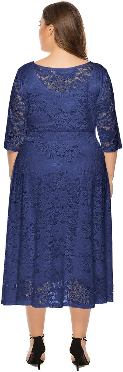 Plus Size Women Vintage Lace 3/4 Sleeve Midi Swing Evening Party Cocktail Wedding Bridesmaid Dresses