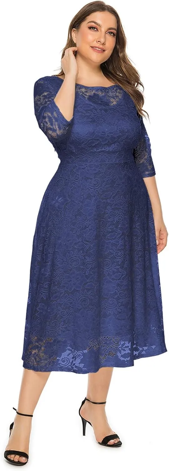 Plus Size Women Vintage Lace 3/4 Sleeve Midi Swing Evening Party Cocktail Wedding Bridesmaid Dresses