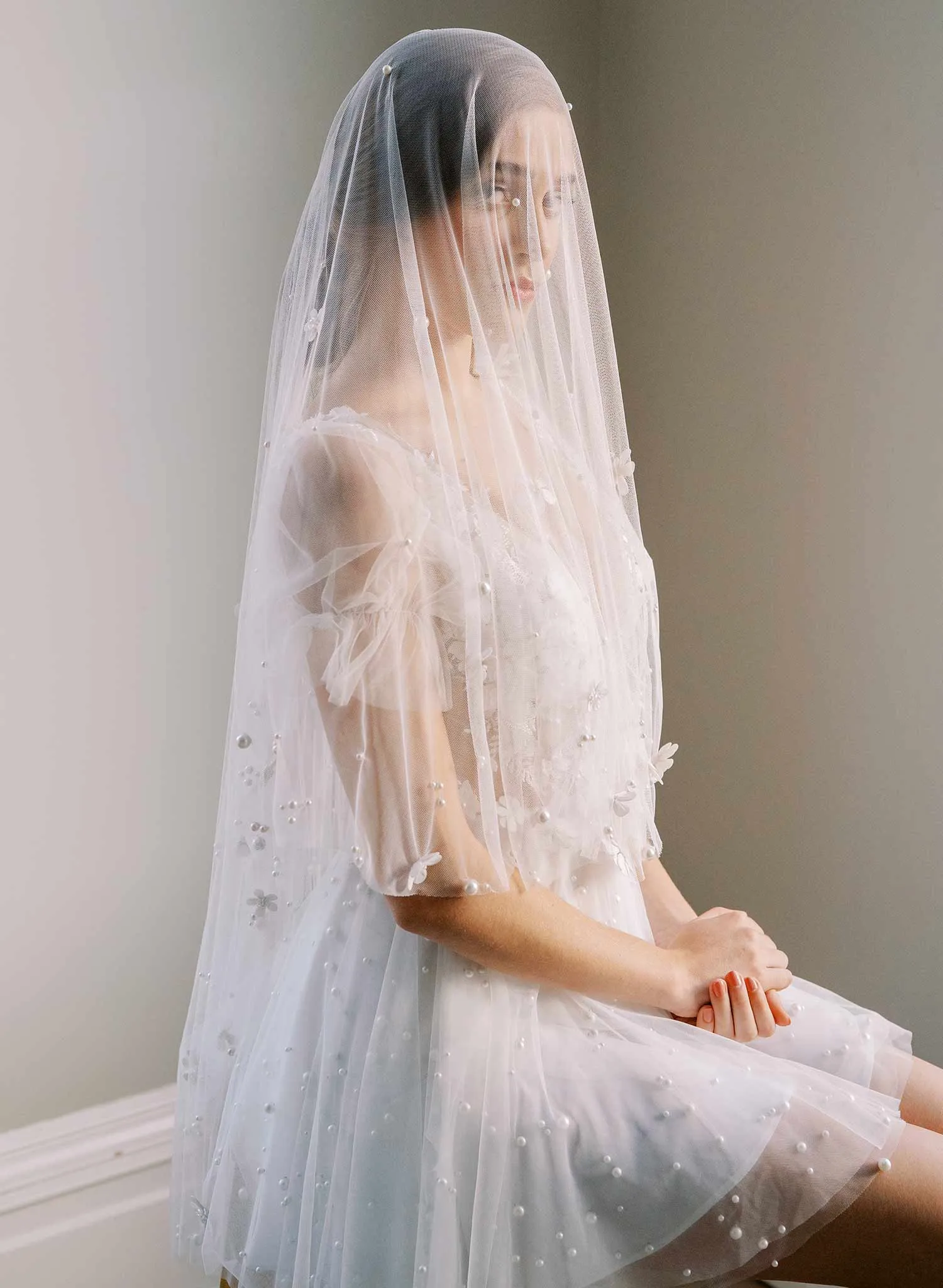 Primrose embroidered blossoms veil with blusher - Style #2477
