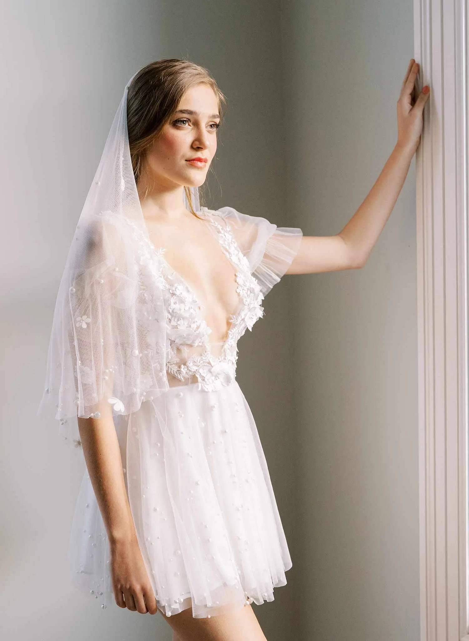 Primrose embroidered blossoms veil with blusher - Style #2477