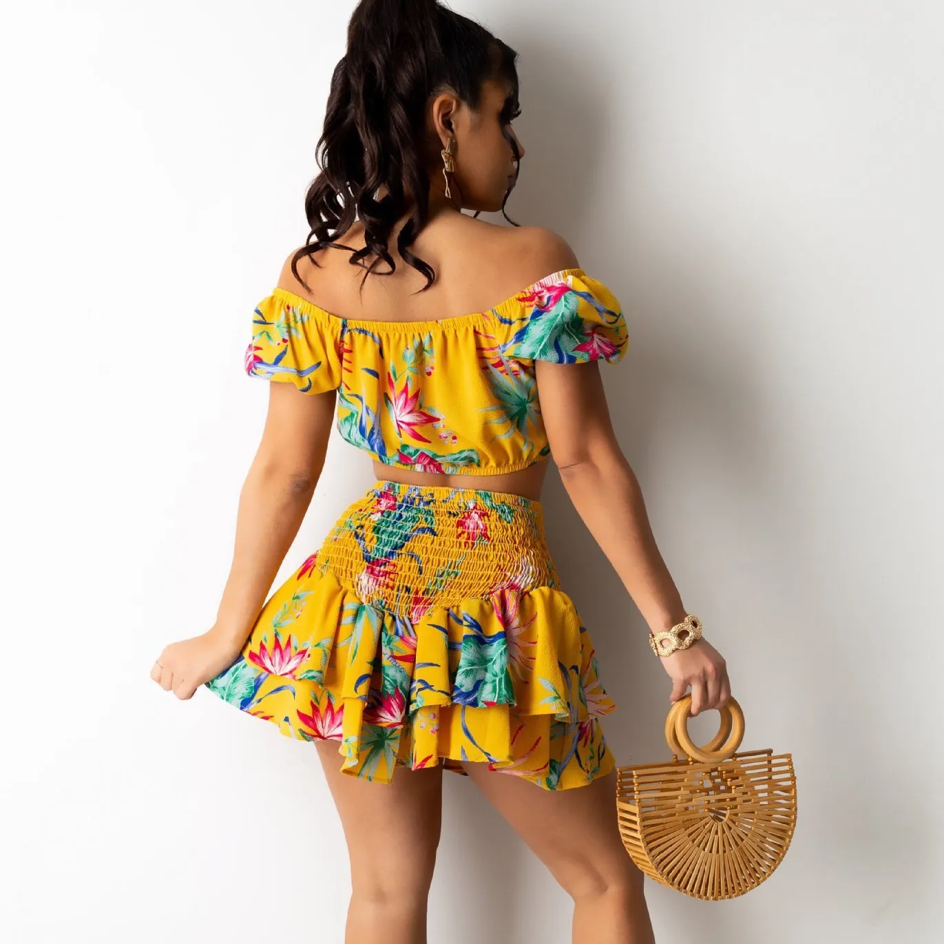 Print Strapless Short Tops Ruffles Mini Dress