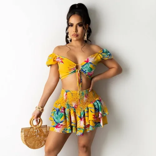 Print Strapless Short Tops Ruffles Mini Dress