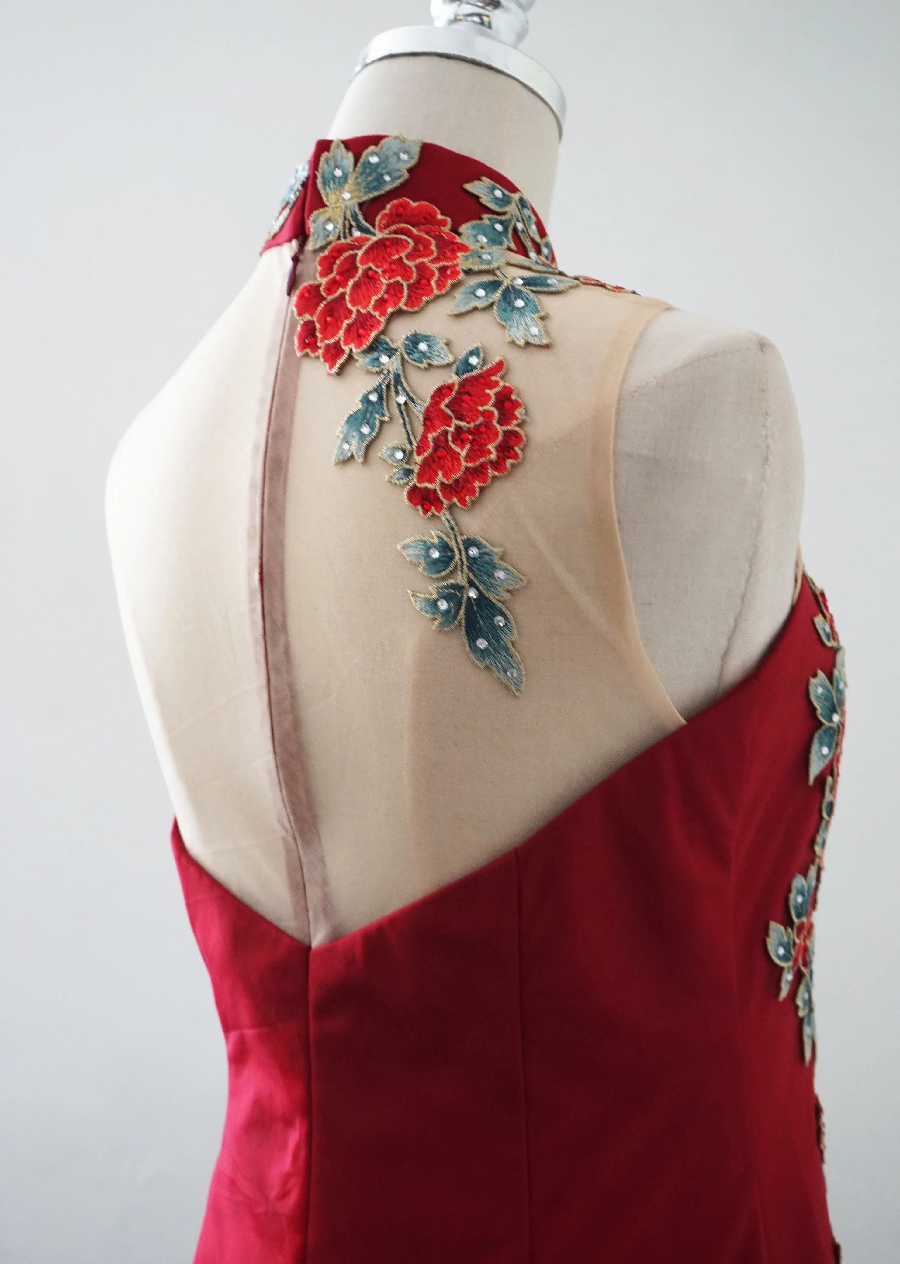 Red Celosia Tulle Mermaid Qipao - RTW