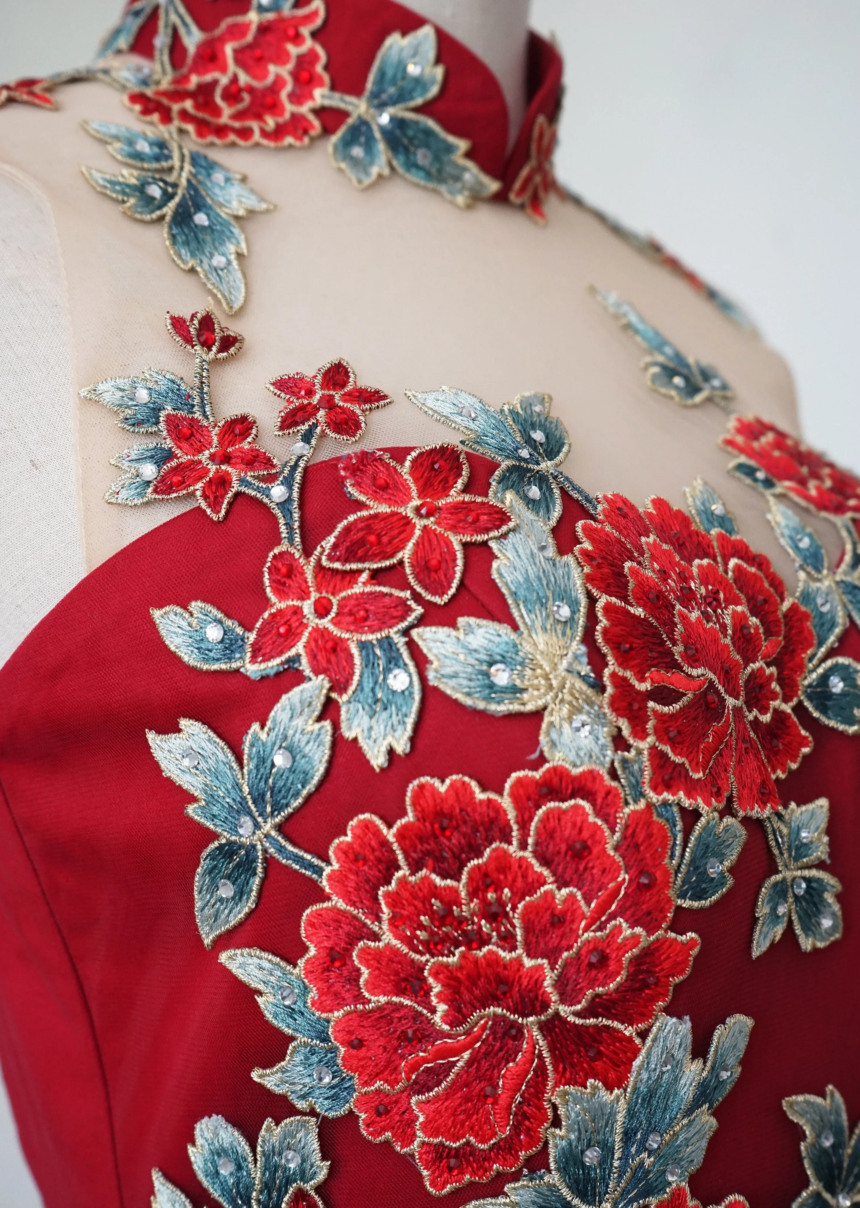 Red Celosia Tulle Mermaid Qipao - RTW