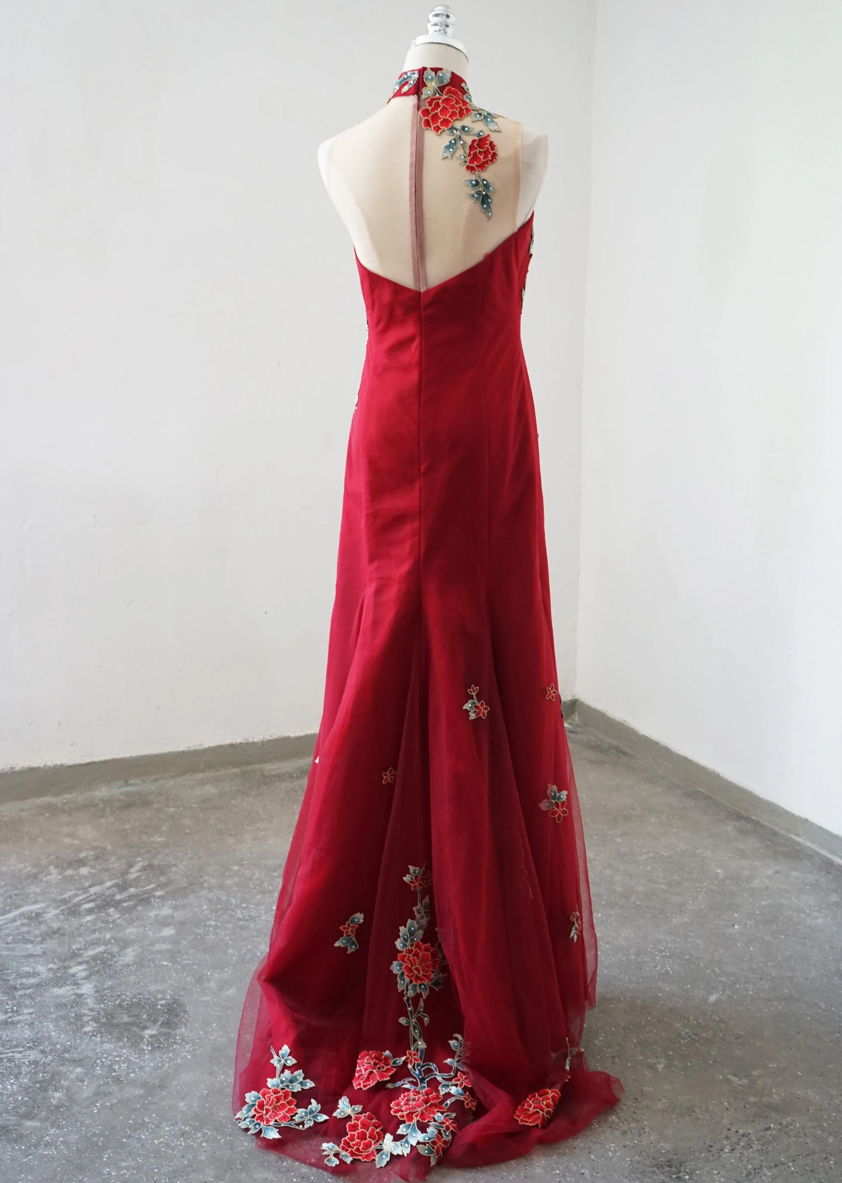 Red Celosia Tulle Mermaid Qipao - RTW