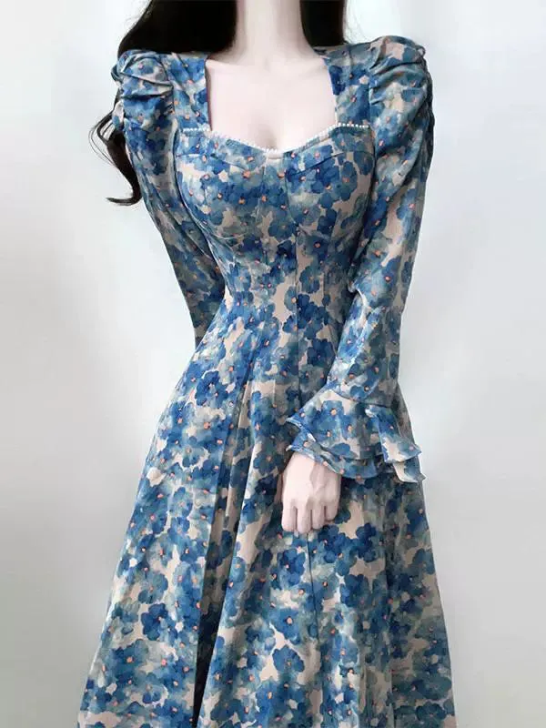 Retro floral long-sleeved dress for women new style party dress      S5875