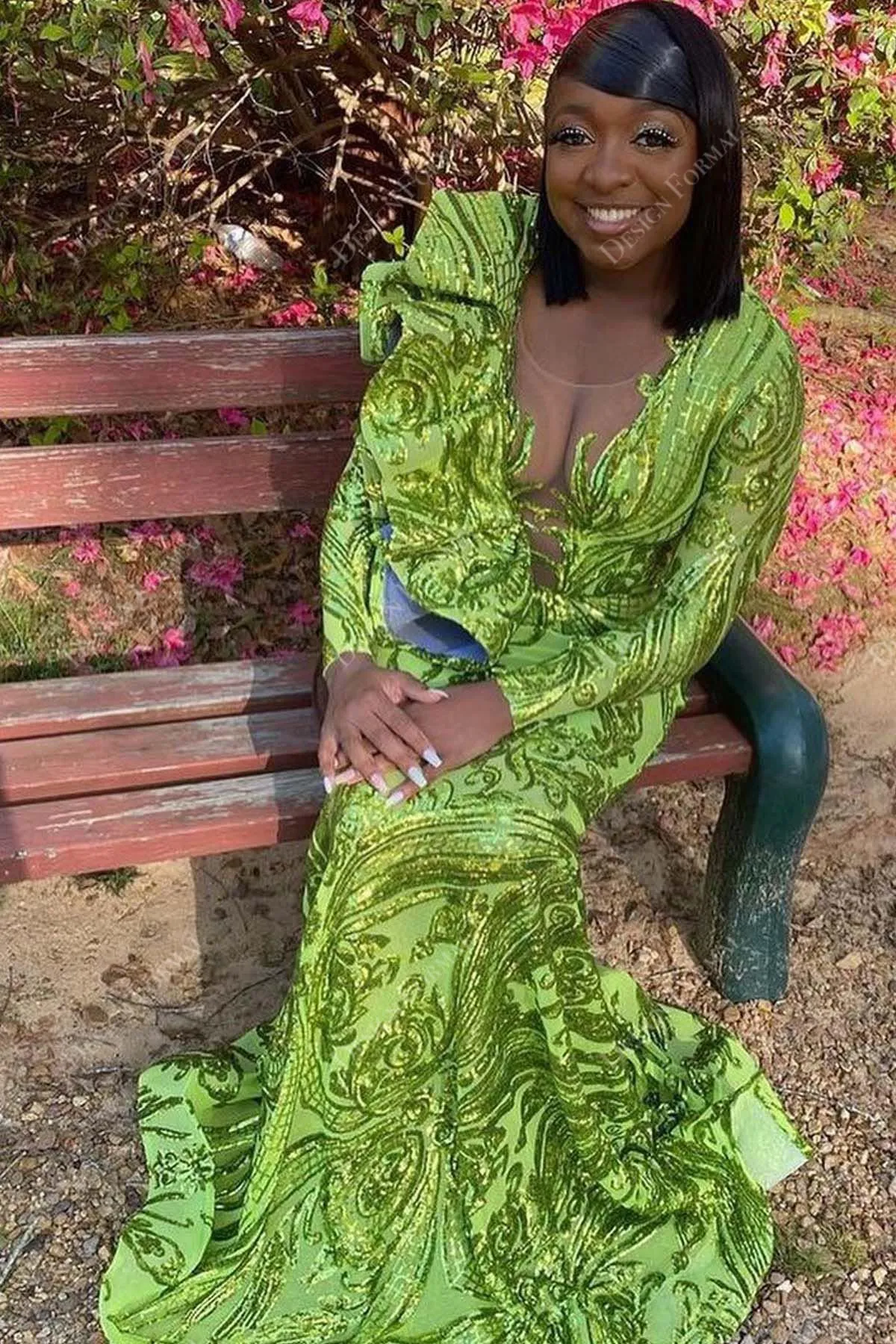 Ruffled Plunging Neck Green Sequin Tailor Made Mermaid Prom Dress