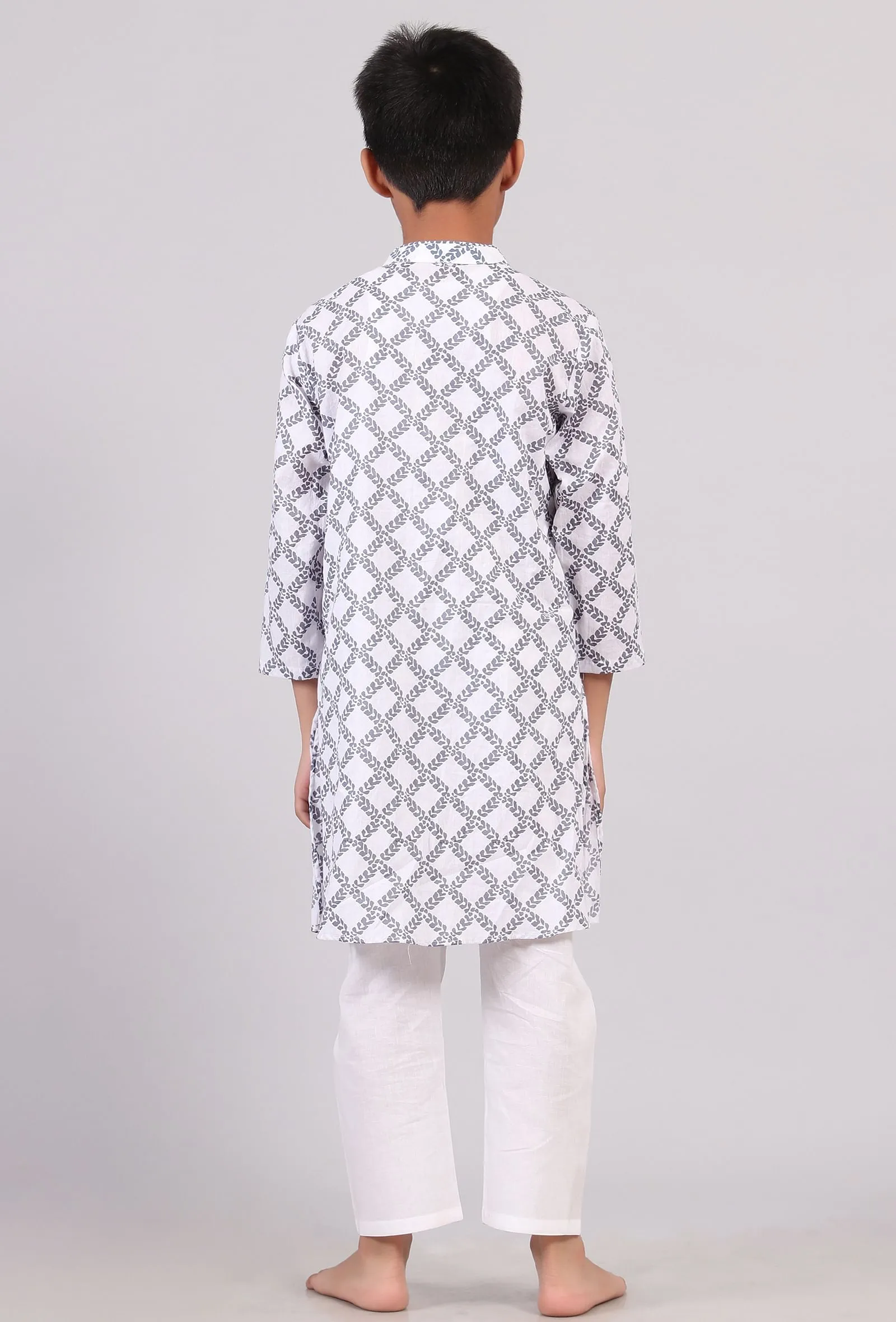 Set of 2: White and Blue Hand Block Print Kurta Pyjama Set