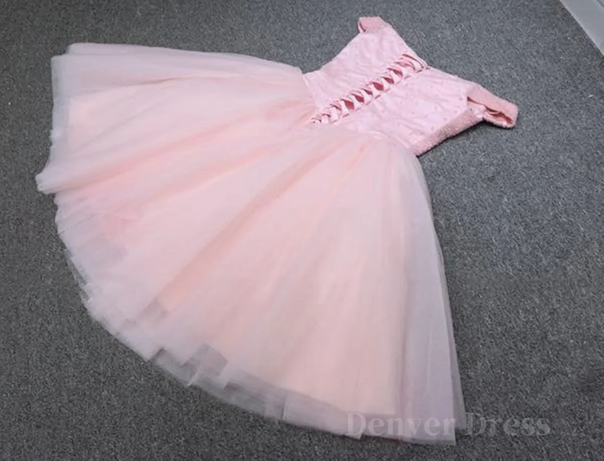 Shiny Beadings Off the Shoulder Pink Short Homecoming Prom Dress Off Shoulder Pink Beaded Formal Graduation Evening Dress