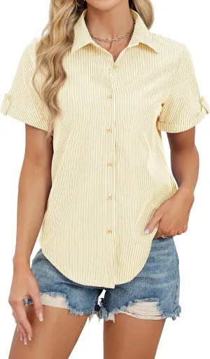 sillteelon Button Down Shirt for Women Cotton Striped Dress Shirts Short Sleeve Summer Button Up Collared Office Work Blouses