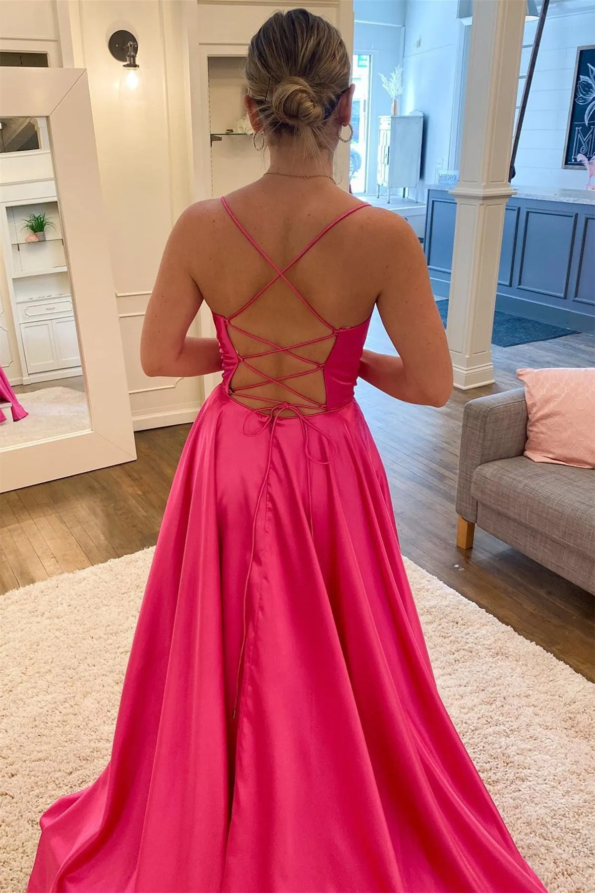 Simple Backless Fuchsia Satin Long Prom Dress with High Slit, Backless Fuchsia Formal Graduation Evening Dress with Pocket A1546