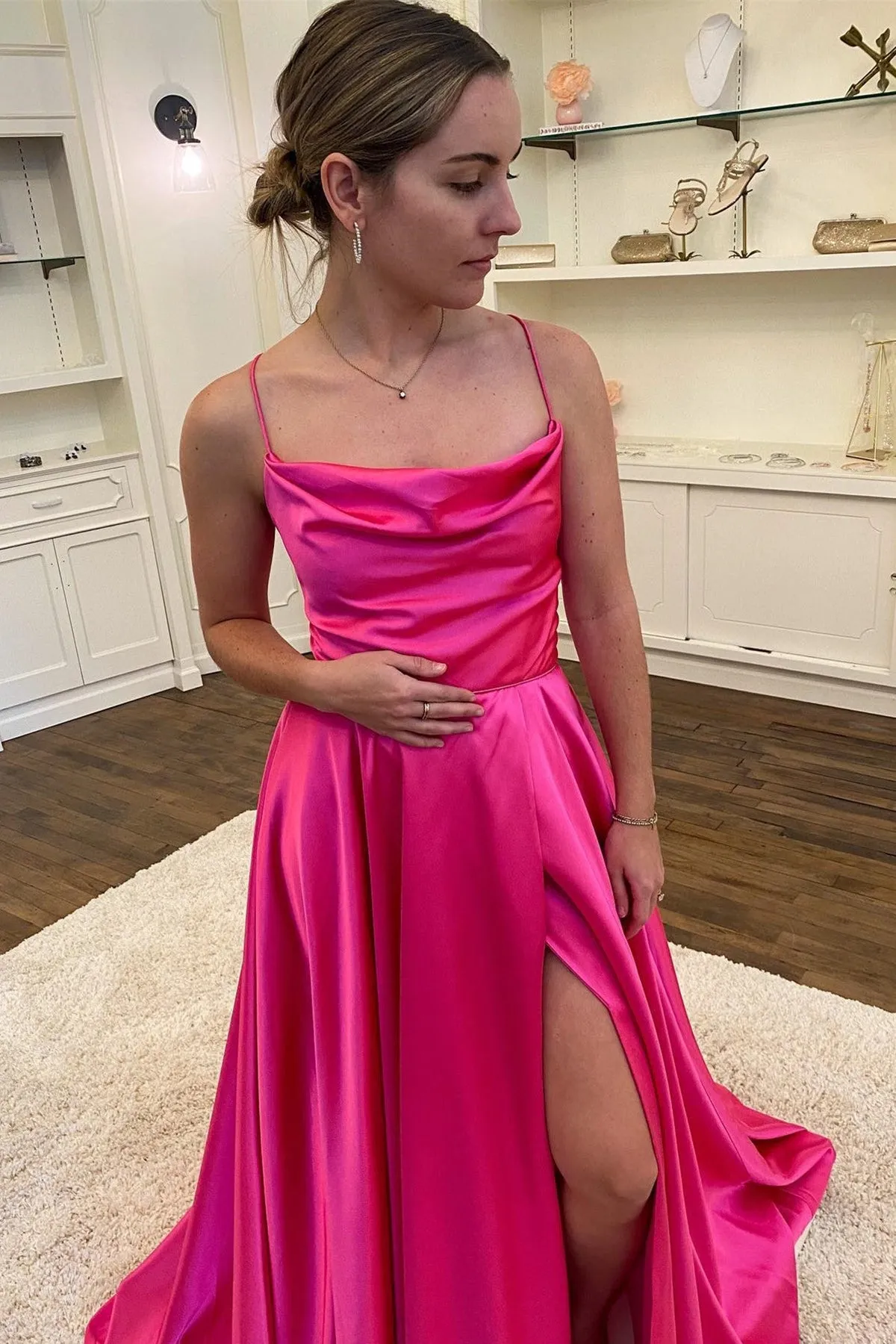 Simple Backless Fuchsia Satin Long Prom Dress with High Slit, Backless Fuchsia Formal Graduation Evening Dress with Pocket A1546
