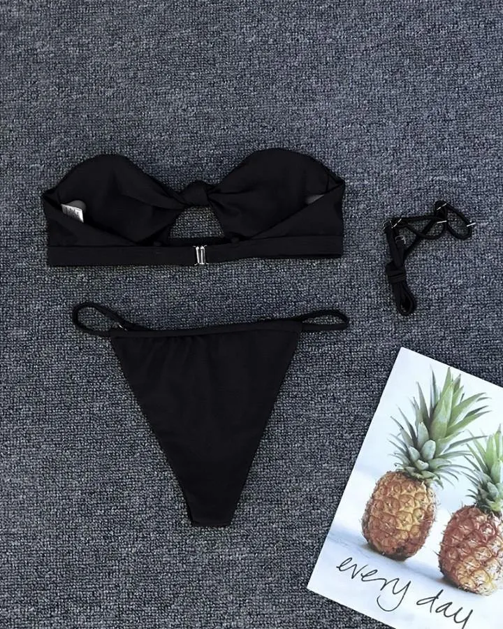 Solid Color Off Shoulder Cut-out Sleeveless 2-Piece Bikini Sets