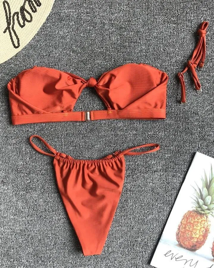 Solid Color Off Shoulder Cut-out Sleeveless 2-Piece Bikini Sets