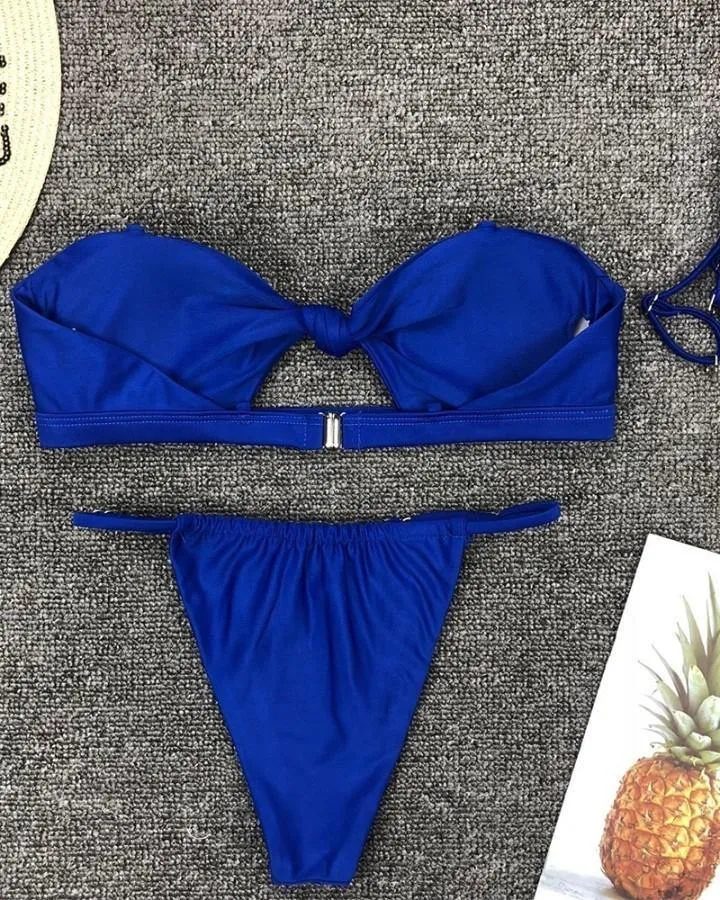 Solid Color Off Shoulder Cut-out Sleeveless 2-Piece Bikini Sets