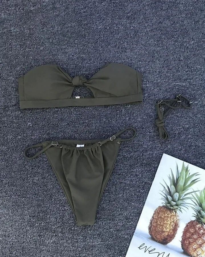 Solid Color Off Shoulder Cut-out Sleeveless 2-Piece Bikini Sets