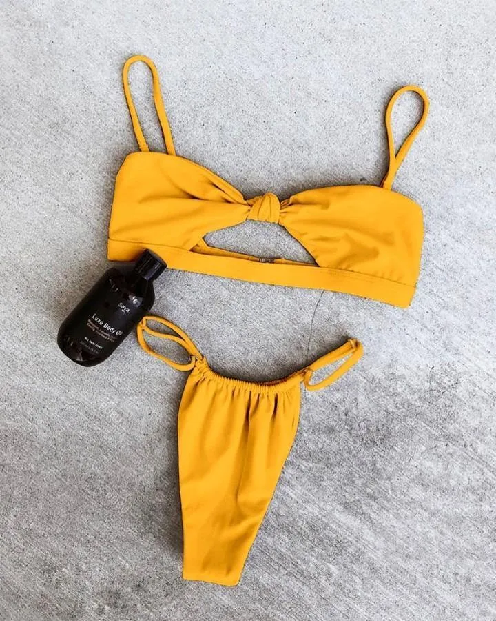 Solid Color Off Shoulder Cut-out Sleeveless 2-Piece Bikini Sets