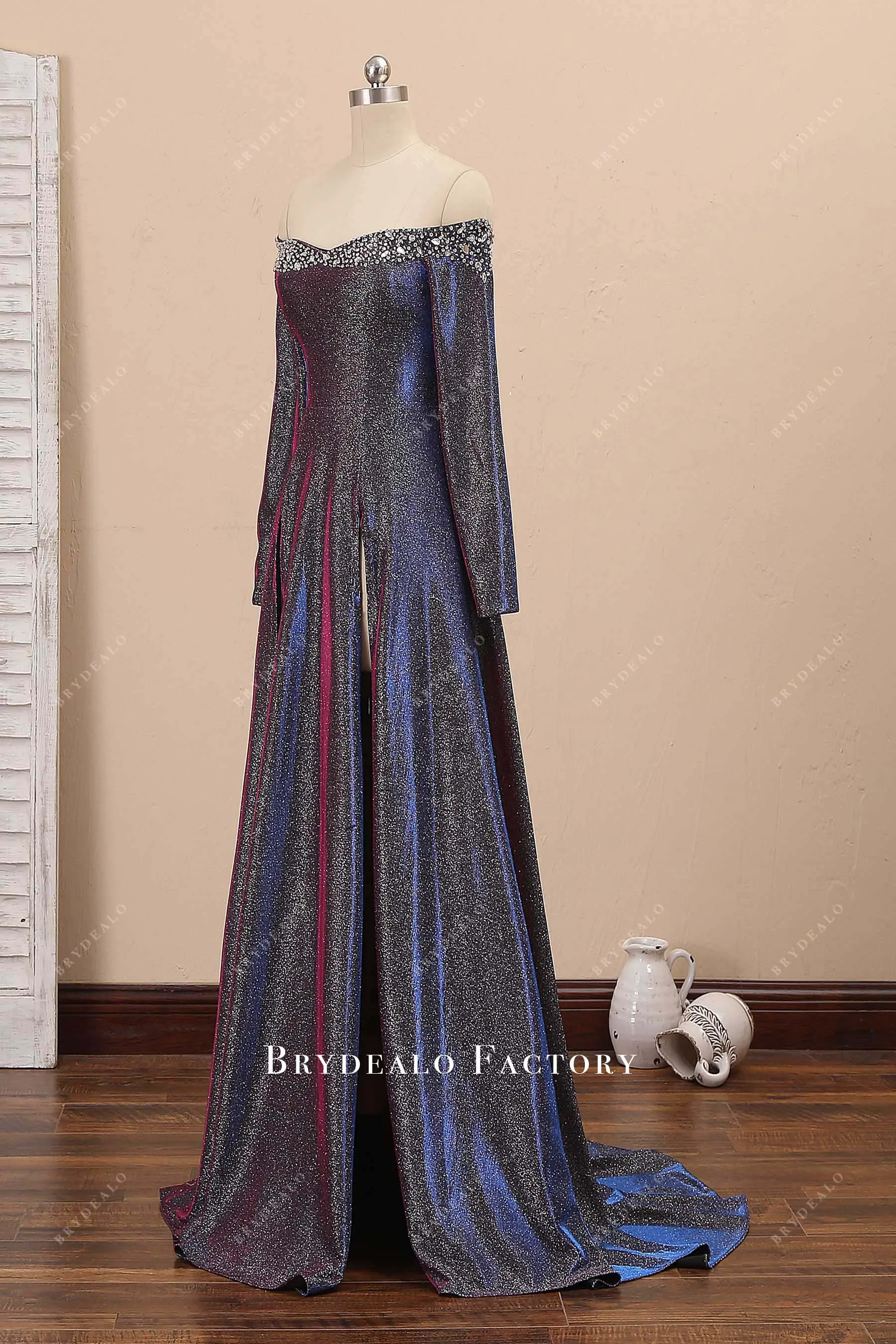 Unique Iridescent Fuchsia Glitter Off-shoulder Sexy Slit Prom Dress