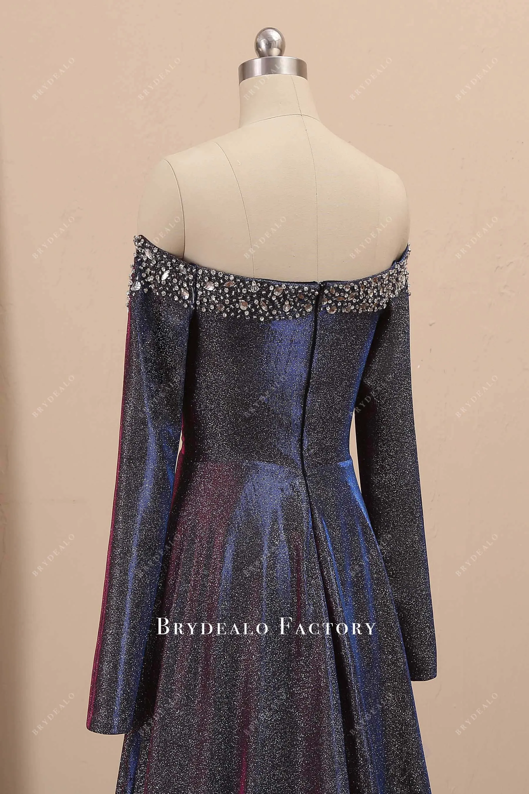 Unique Iridescent Fuchsia Glitter Off-shoulder Sexy Slit Prom Dress