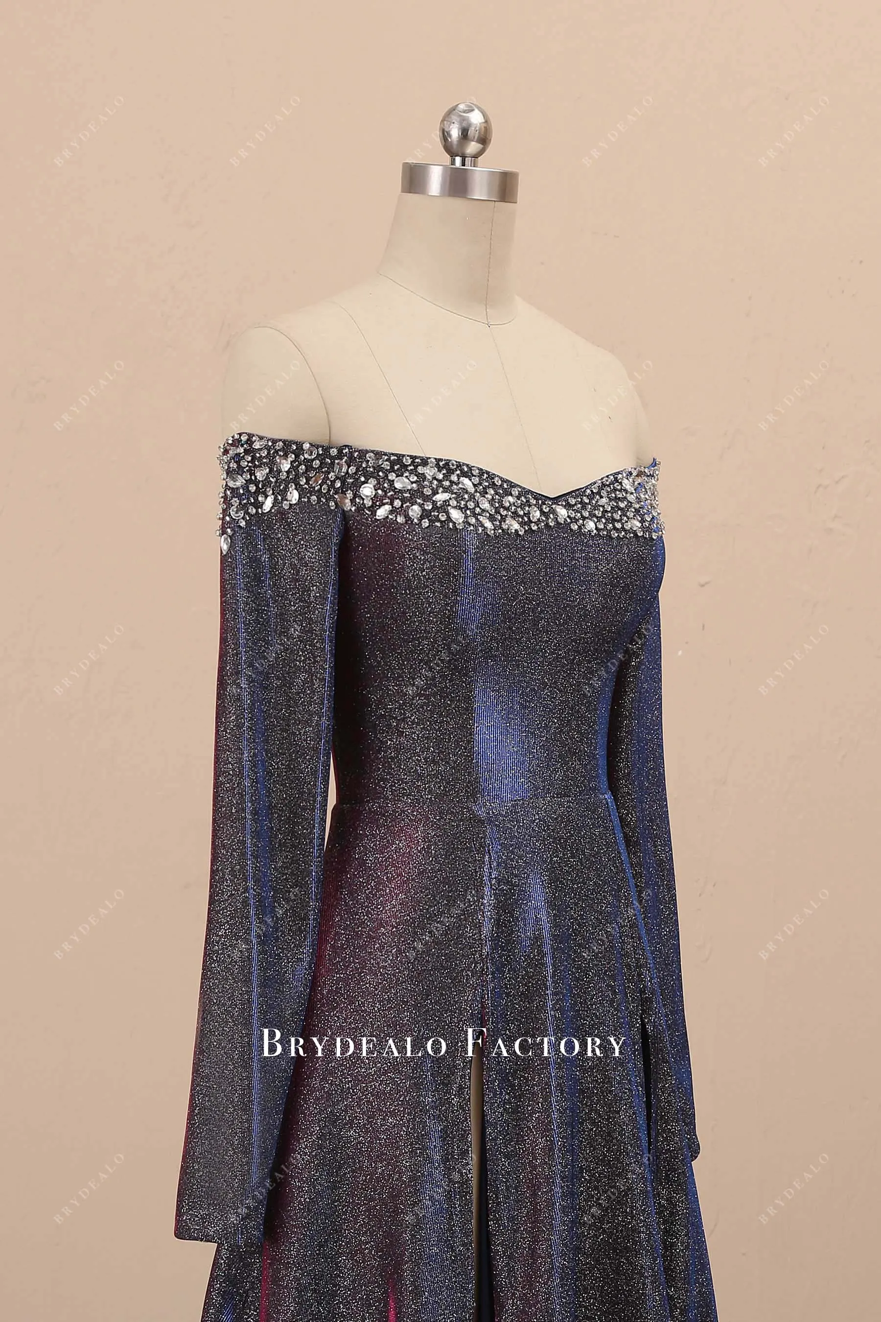 Unique Iridescent Fuchsia Glitter Off-shoulder Sexy Slit Prom Dress