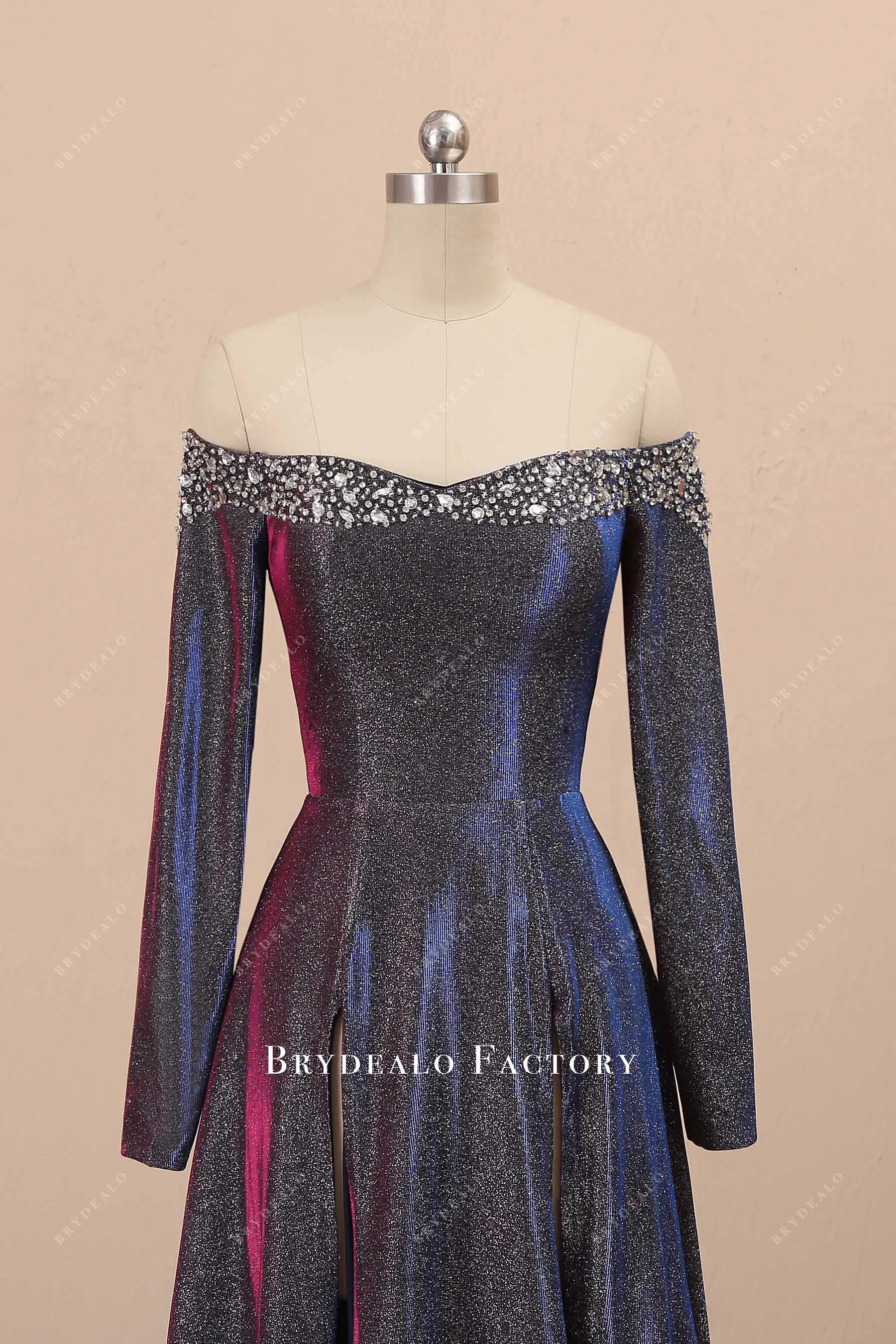 Unique Iridescent Fuchsia Glitter Off-shoulder Sexy Slit Prom Dress