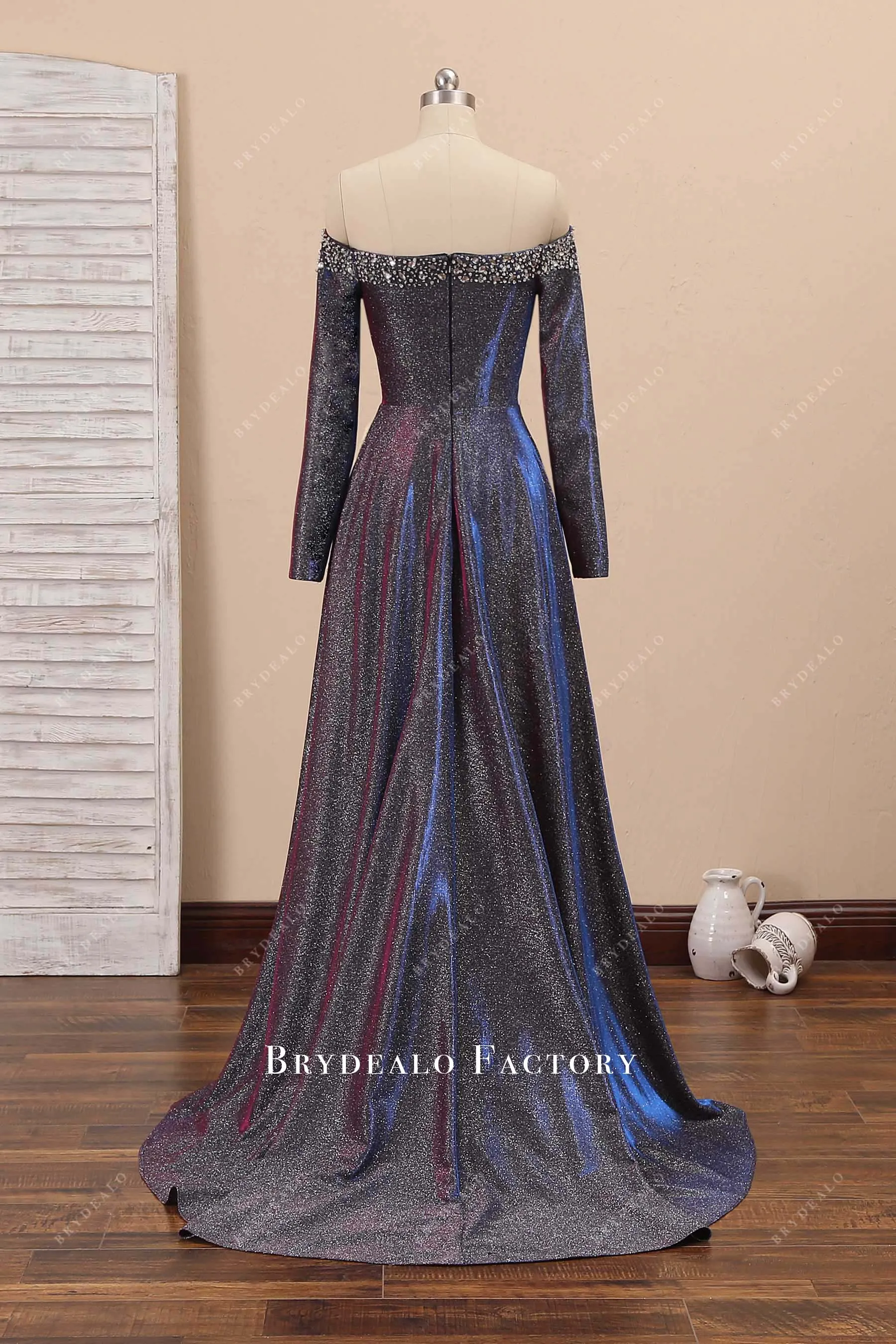 Unique Iridescent Fuchsia Glitter Off-shoulder Sexy Slit Prom Dress