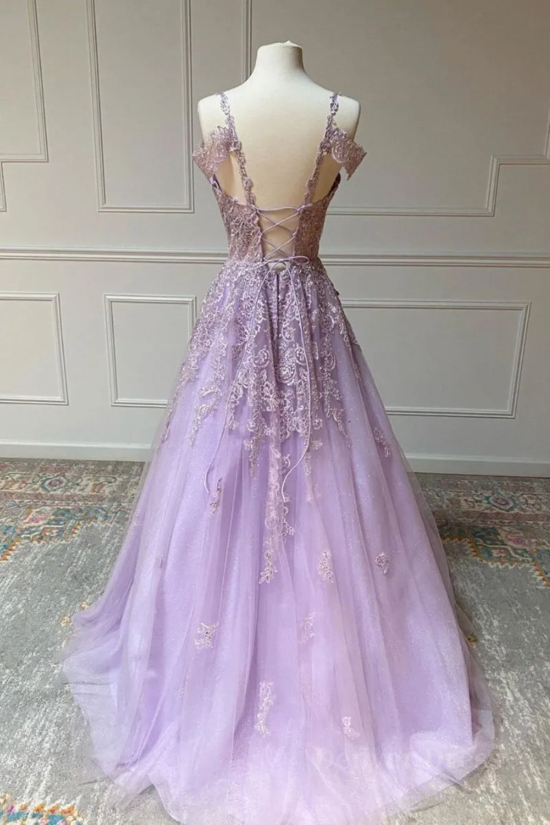 V Neck Off Shoulder Long Lilac Lace Prom Dress Off Shoulder Purple Lace Formal Graduation Evening Dress