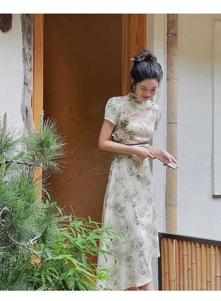 Vevesc Vintage Elegant Cheongsam Dress Women Irregular Floral Party Fairy Midi Dress Female Luxury Court Retro Long Dress