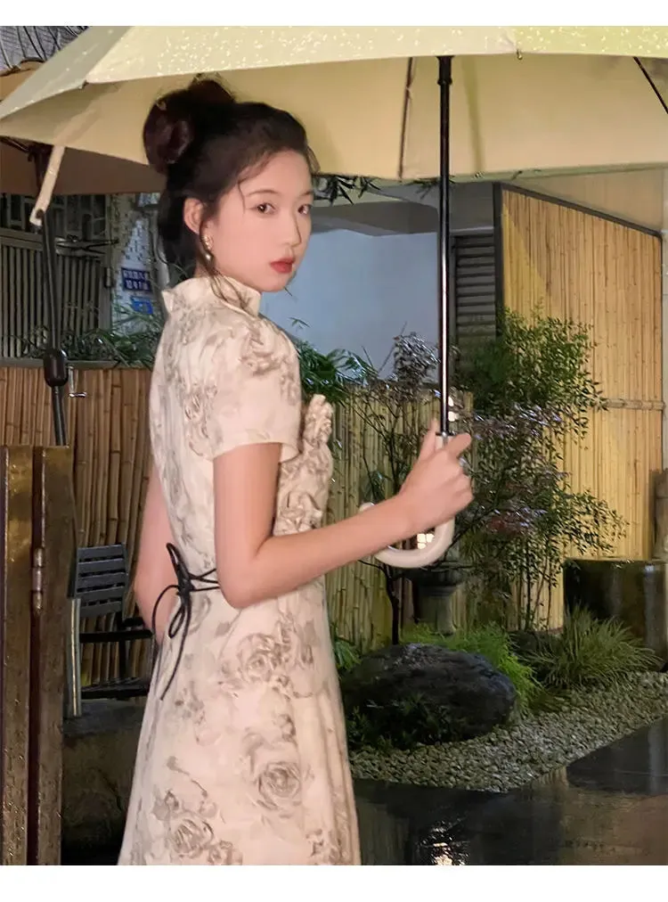 Vevesc Vintage Elegant Cheongsam Dress Women Irregular Floral Party Fairy Midi Dress Female Luxury Court Retro Long Dress
